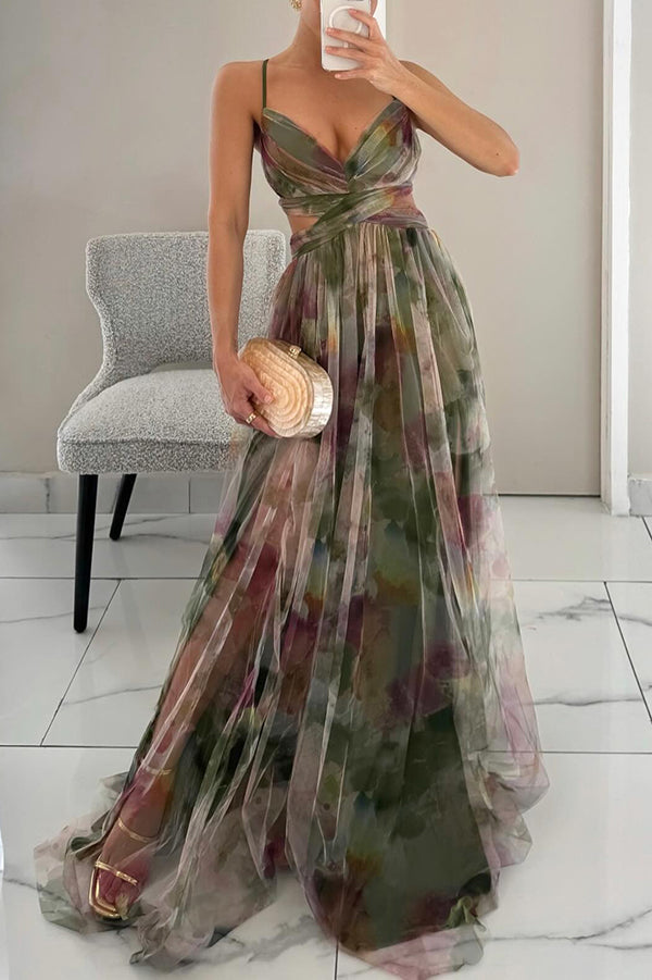 Vestido maxi Celeste para mulheres | Vestido de chiffon arejado com estampa floral e alças ajustáveis