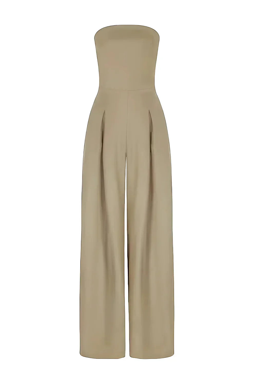 Stropløs beige buksedragt til kvinder, elegant design med brede ben, perfekt til festlige lejligheder. Moderne jumpsuit, stilfuld og tidløs.