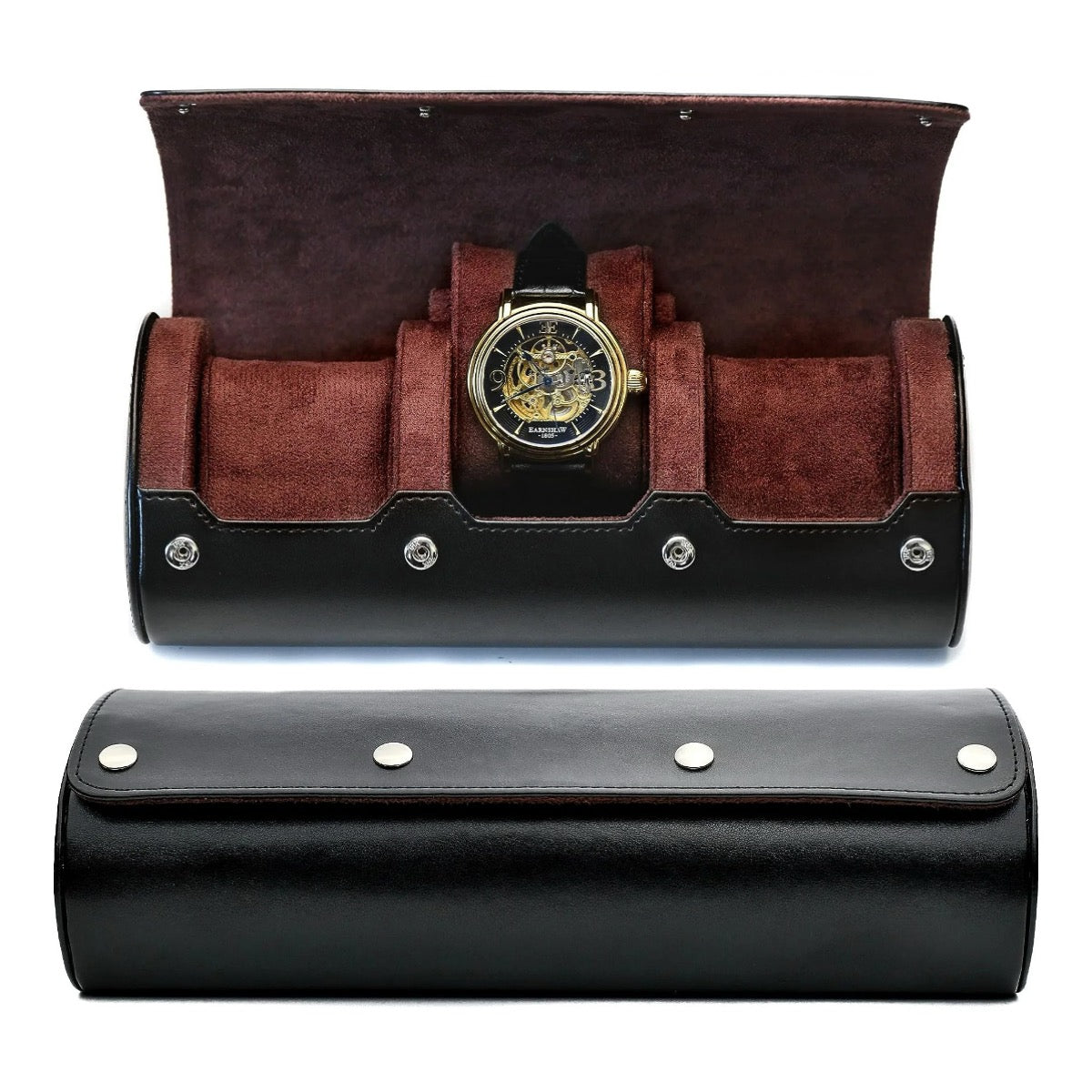 Sort urkasse i læder med åbent låg, der viser en mekanisk armbåndsur. Elegant opbevaring til ure, ideel til rejser og beskyttelse.