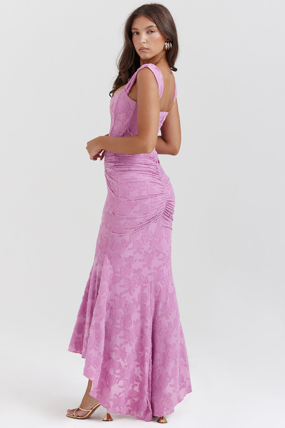 Vestido de noite Zoey para mulheres | Vestido lilás com rendas florais e caimento assimétrico