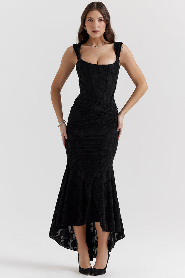 Vestido de noite Zoey para mulheres | Vestido lilás com rendas florais e caimento assimétrico