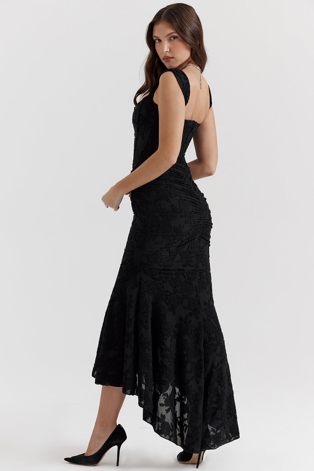 Vestido de noite Zoey para mulheres | Vestido lilás com rendas florais e caimento assimétrico