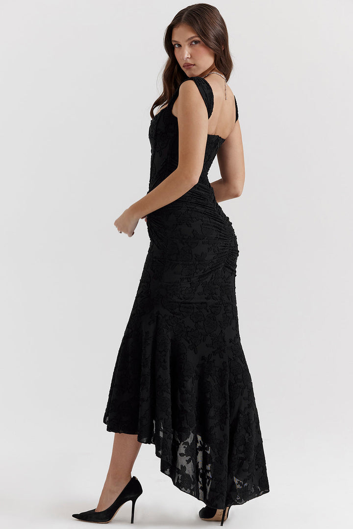Vestido de noite Zoey para mulheres | Vestido lilás com rendas florais e caimento assimétrico
