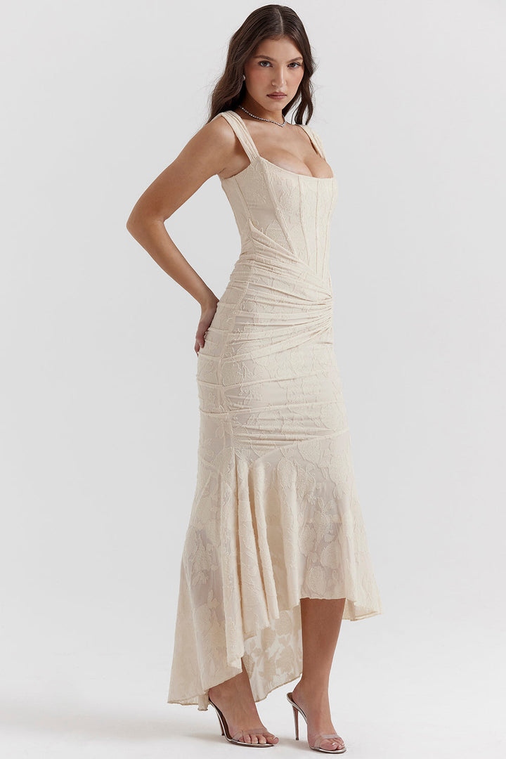 Vestido de noite Zoey para mulheres | Vestido lilás com rendas florais e caimento assimétrico