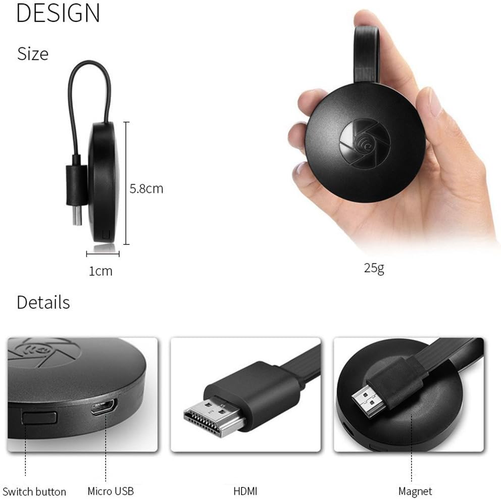 Sort Chromecast-enhed med HDMI, micro USB, magnet og tænd/sluk-knap. Kompakt design, 5,8 cm i diameter, 25g. Perfekt til streaming og skærmspejling.