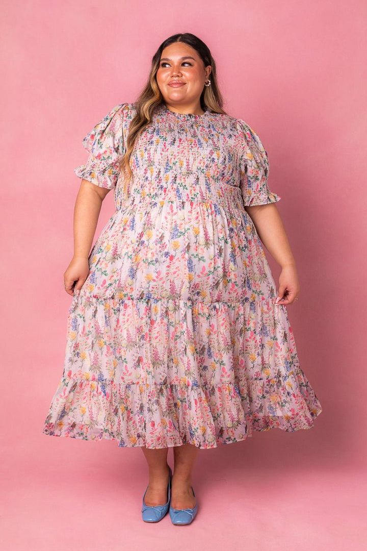 Vestido midi Cordelia para mulheres com estampa floral e corpete franzido | Arejado, feminino e adequado para gravidez