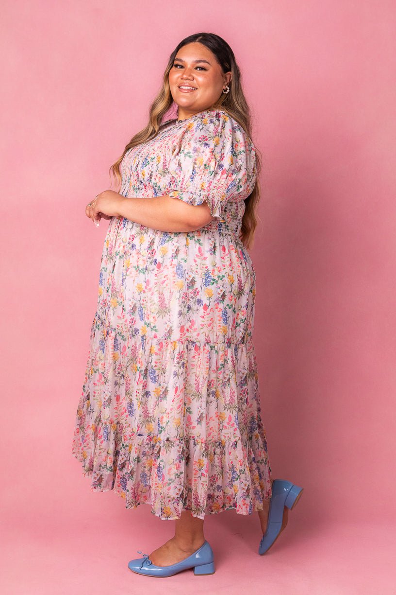 Vestido midi Cordelia para mulheres com estampa floral e corpete franzido | Arejado, feminino e adequado para gravidez