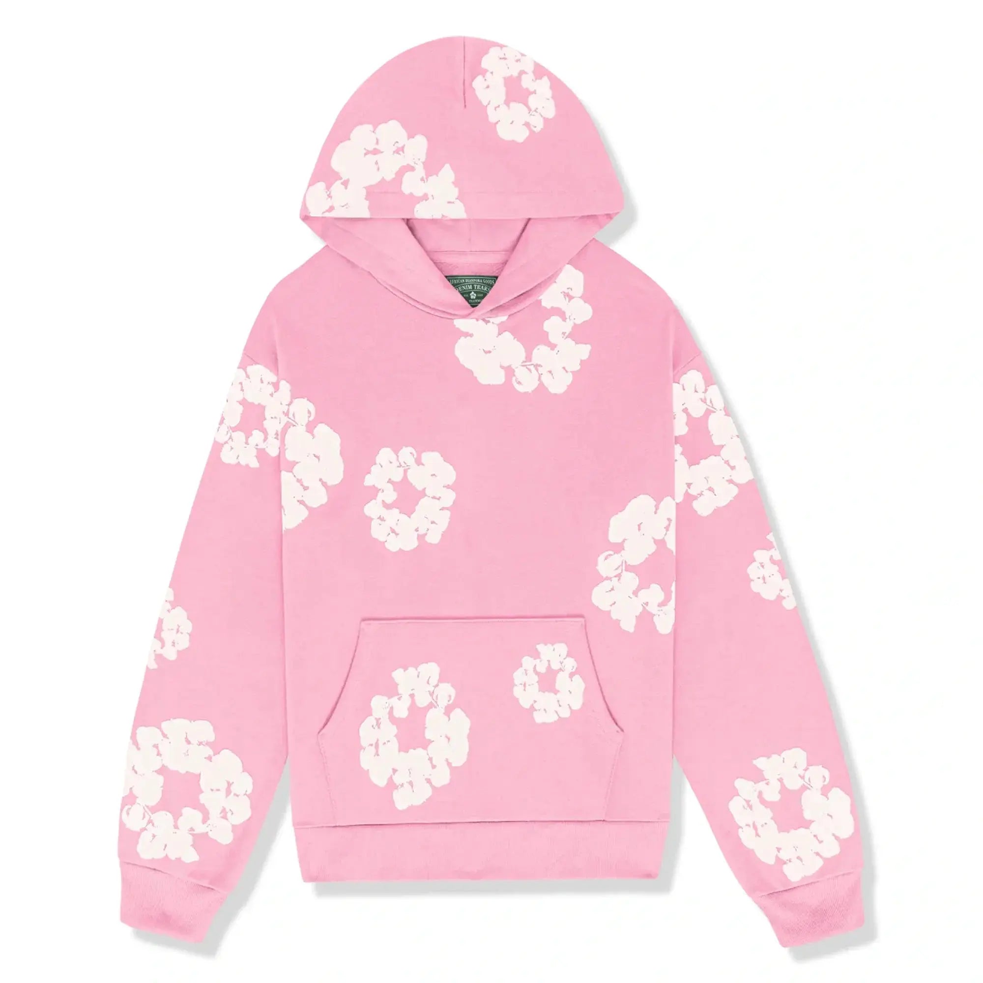 Lyserød hættetrøje med hvide blomsterprint, kængurulomme og hætte. Trendy streetwear til kvinder. Perfekt til afslappet stil og modebevidste.