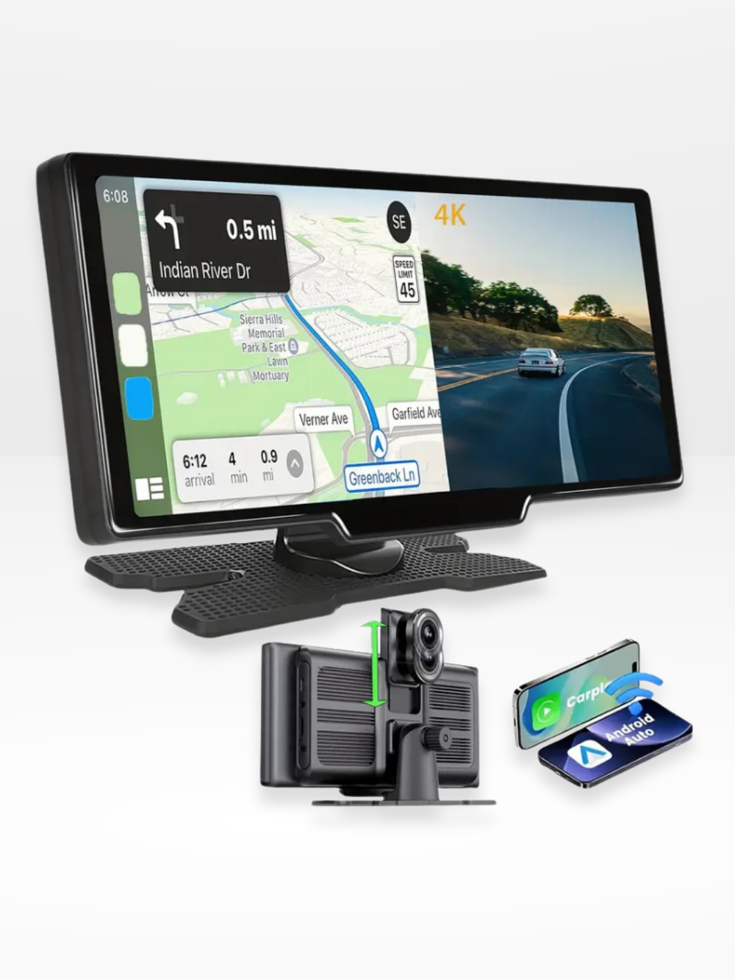Pantalla CarPlay inalámbrica con dashcam 4K incorporada y cámara trasera opcional – pantalla IPS de 10,26"