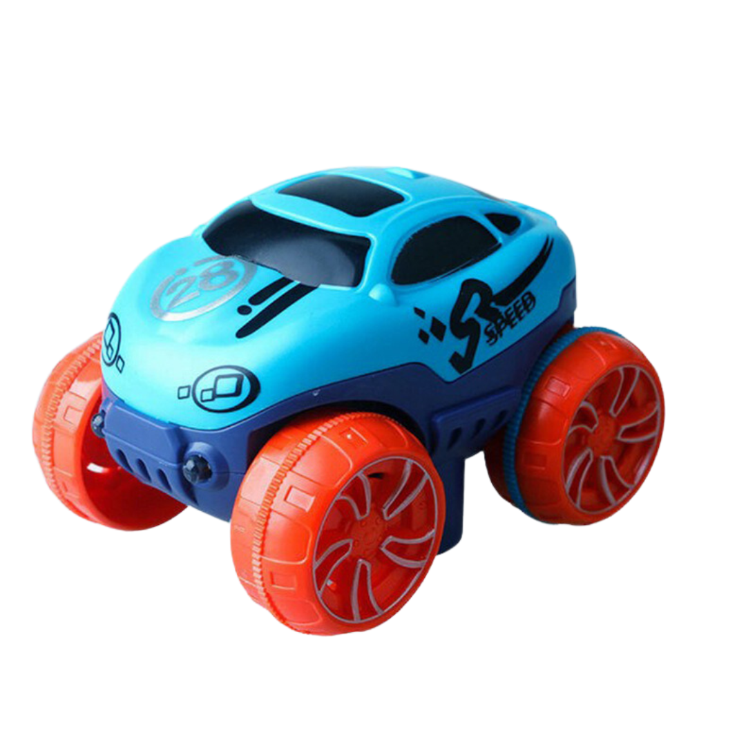 Blå legetøjsbil med store orange hjul og nummer 28. Designet til børn, robust og farverig. Perfekt til indendørs og udendørs leg.