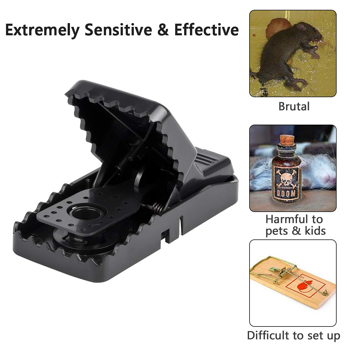 Sort musefælde med kraftig fjeder, effektiv til skadedyrsbekæmpelse. Advarsel mod farer for kæledyr og børn. Alternativ til gift og traditionelle fælder.