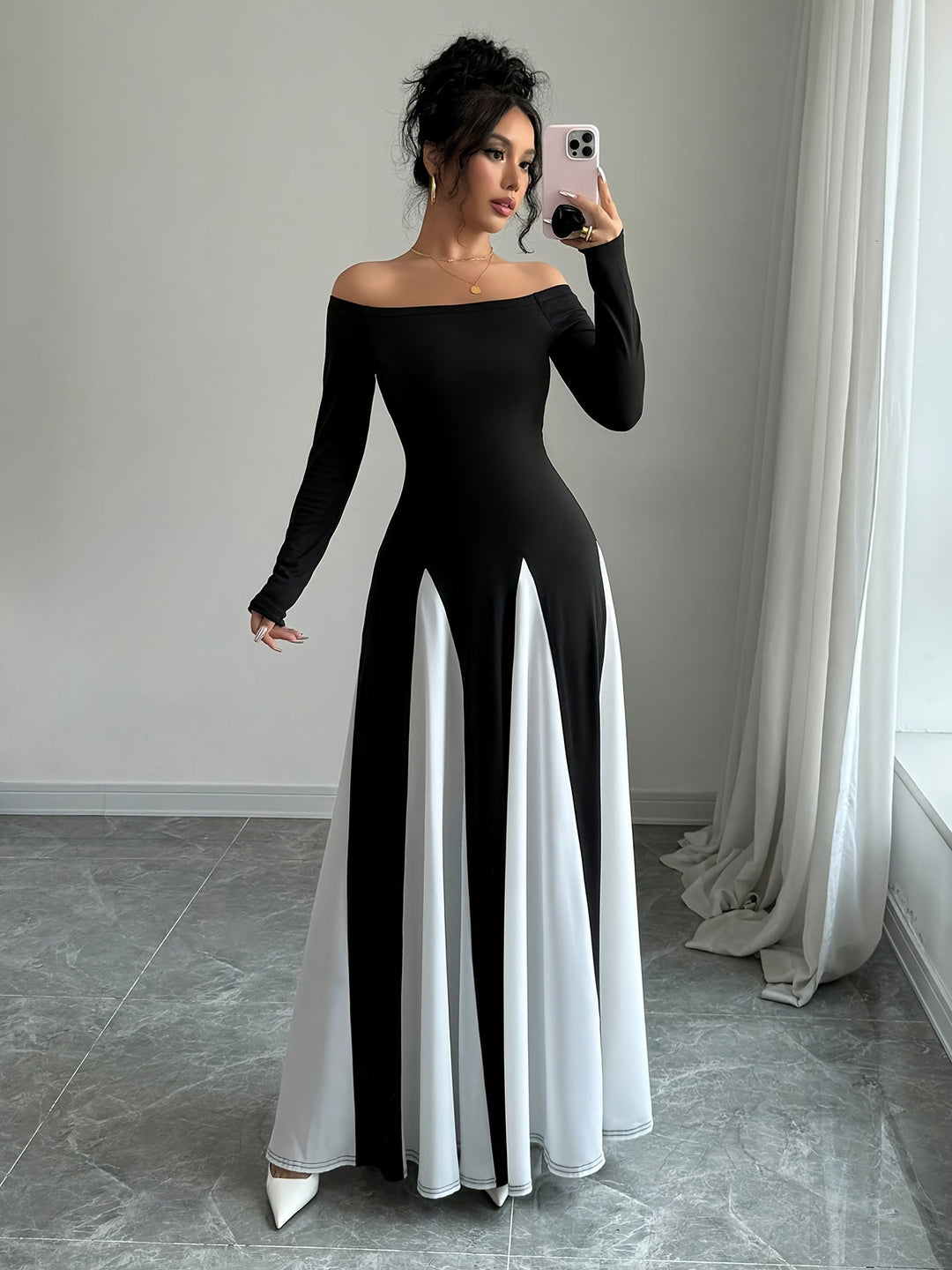 Μελωδία φόρεμα με ανοιχτούς ώμους | μακριά μανίκια & μαγευτική κομψότητα