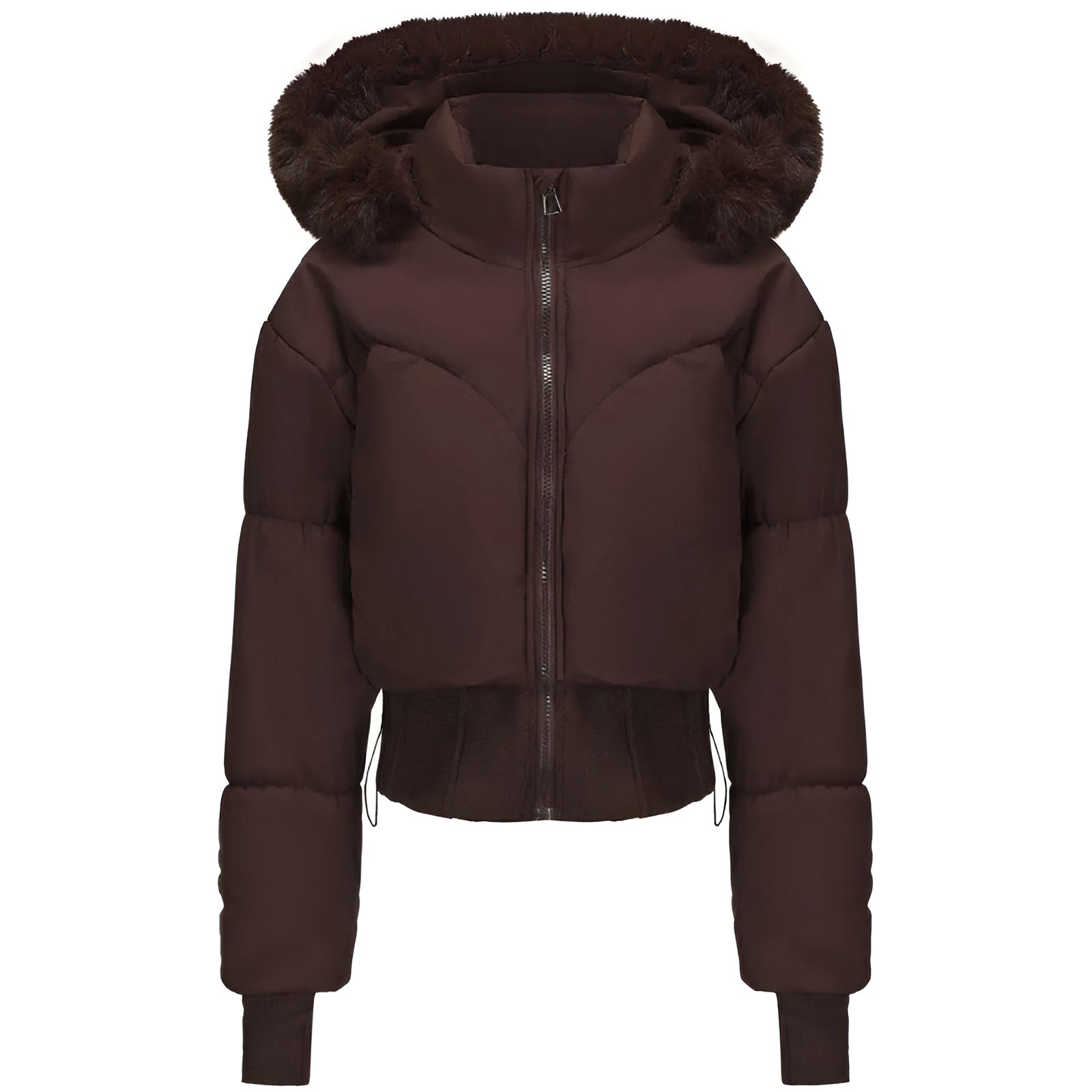 Brun dunjakke med hætte og pelskant, lynlås foran. Vinterjakke til kvinder, varm og stilfuld. Perfekt til koldt vejr.