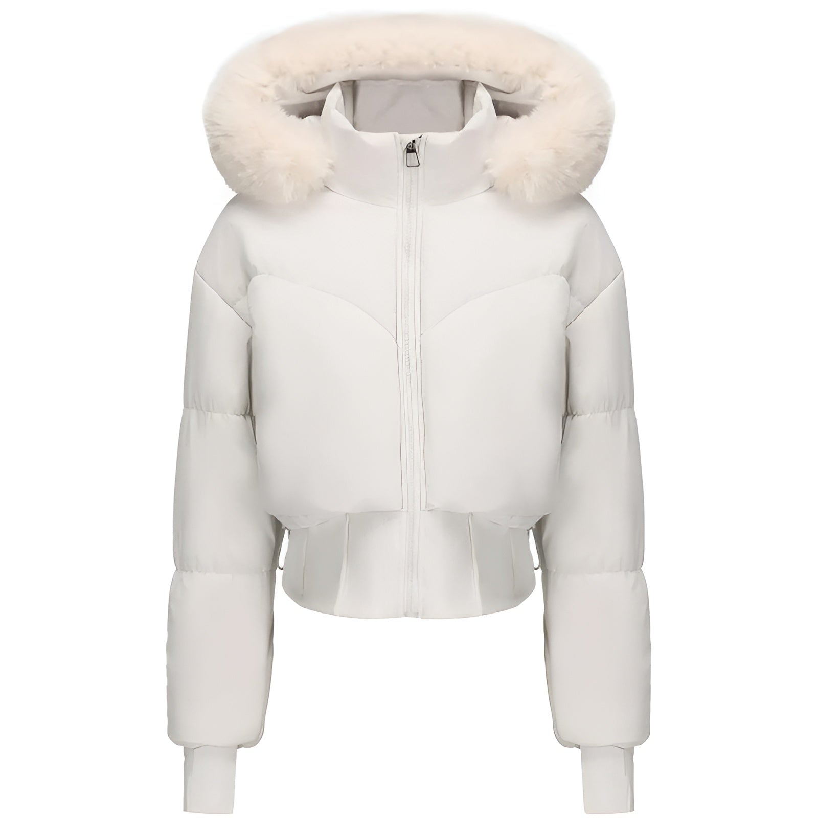 Hvid dunjakke med hætte og pelskant, vinterjakke til kvinder, stilfuld og varm, perfekt til koldt vejr.