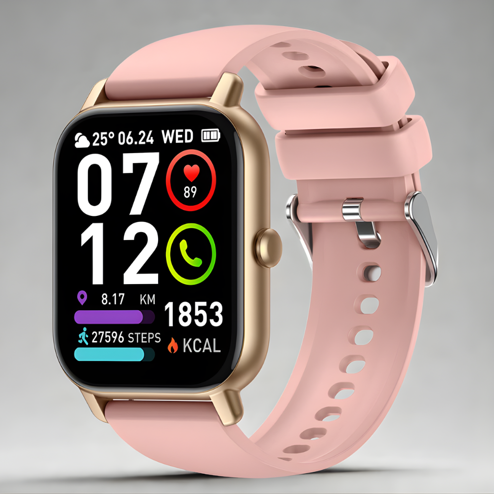 Smartwatch med lyserød rem, guld urkasse, viser tid, dato, skridttæller, kalorieforbrug og puls. Moderne design, fitness-tracker, teknologi.