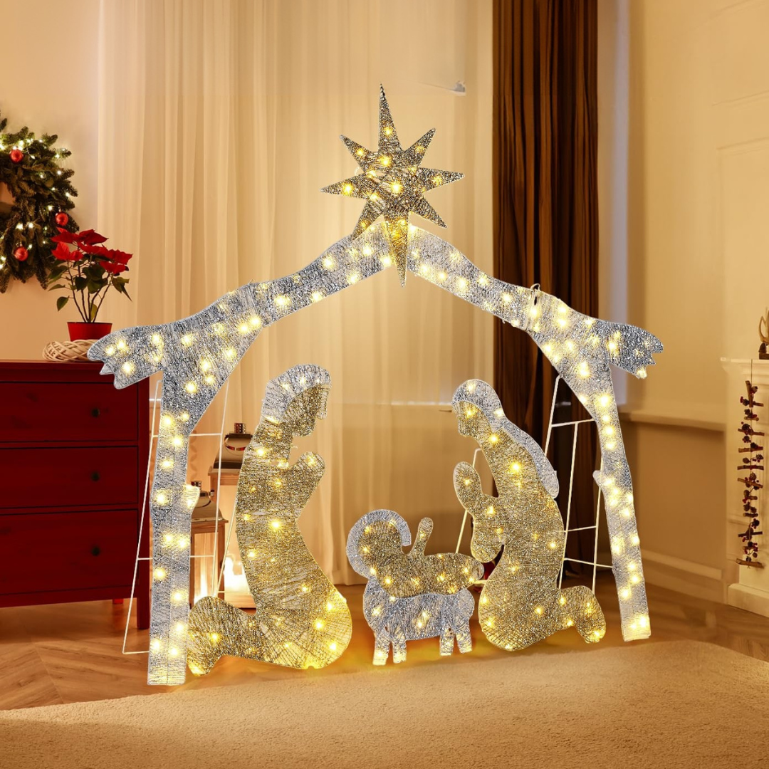 Lysende julekrybbe med Jesusbarnet, Maria og Josef i LED-lys. Perfekt juledekoration til stuen. Stjerne og krybbescene i varm belysning.