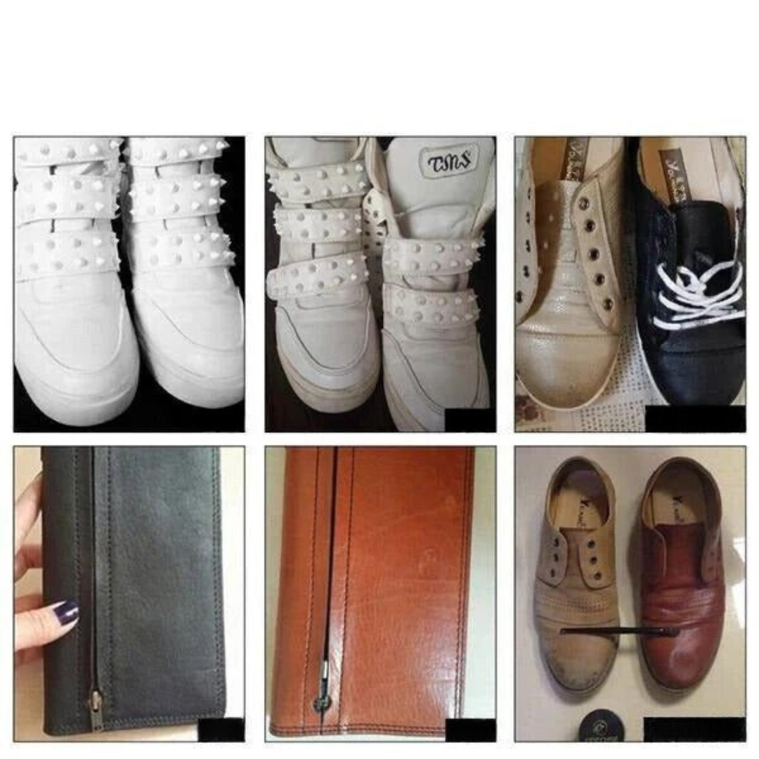 Sko og punge med usædvanlige design: hvide sneakers med pigge, brune og sorte lædersko med lynlåse, og punge med lynlåsdetaljer.