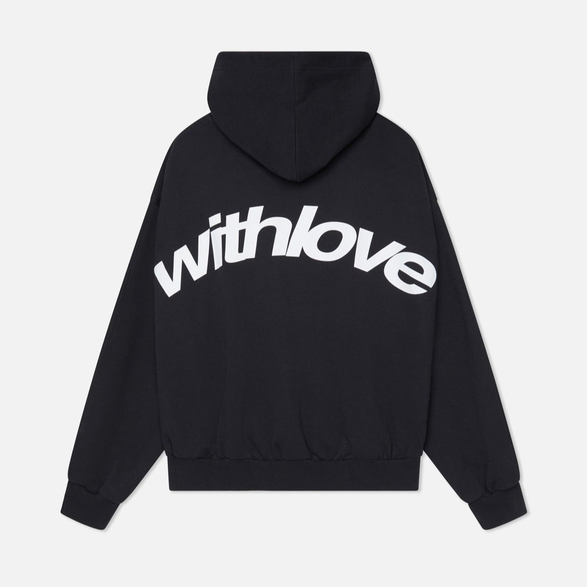 Sort hættetrøje med teksten "withlove" i hvid på ryggen. Moderne streetwear, unisex design, komfortabel pasform. Perfekt til casual stil.
