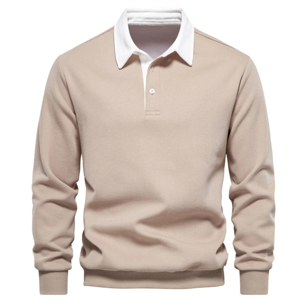 Beige langærmet polo trøje med hvid krave, klassisk design, herremode, stilfuld og komfortabel, perfekt til casual og formelle lejligheder.