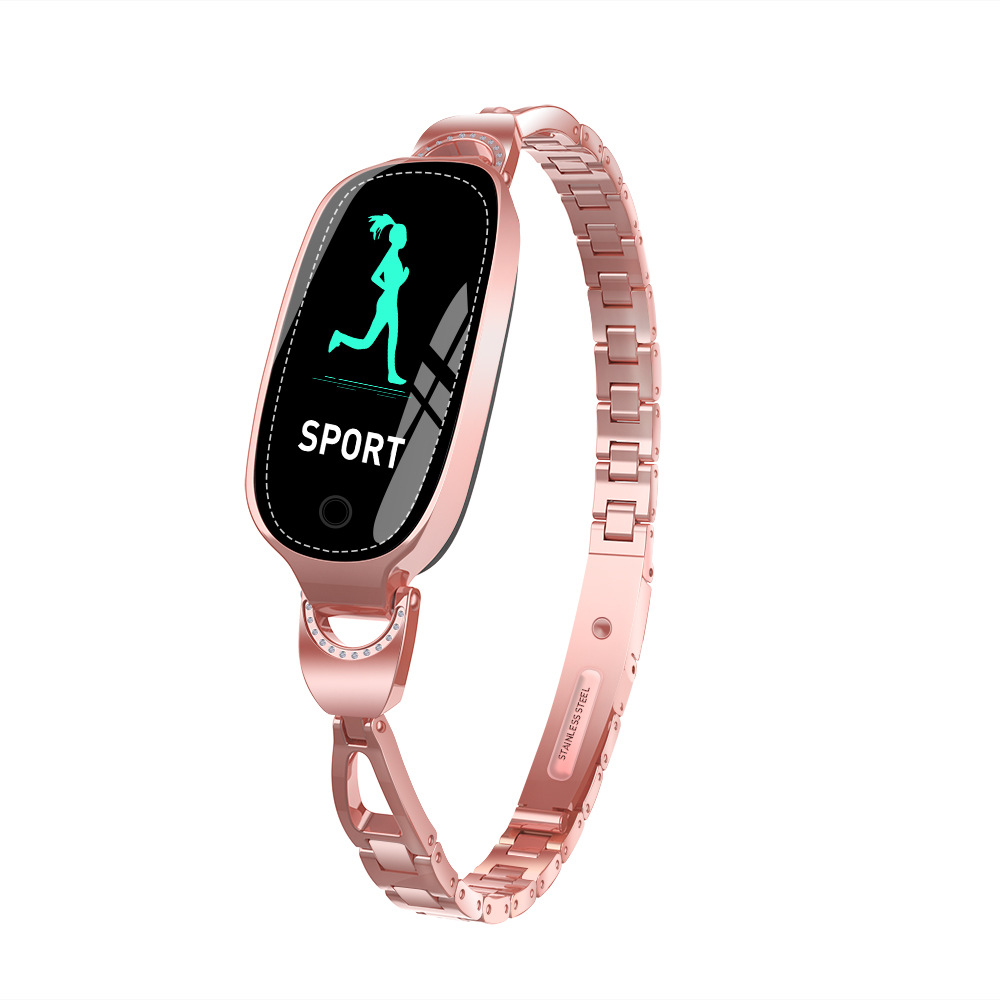 Roseguld smart armbåndsur med sportstracker, slankt design og digital skærm, ideelt til fitness og sundhedsovervågning. Perfekt til moderne livsstil.