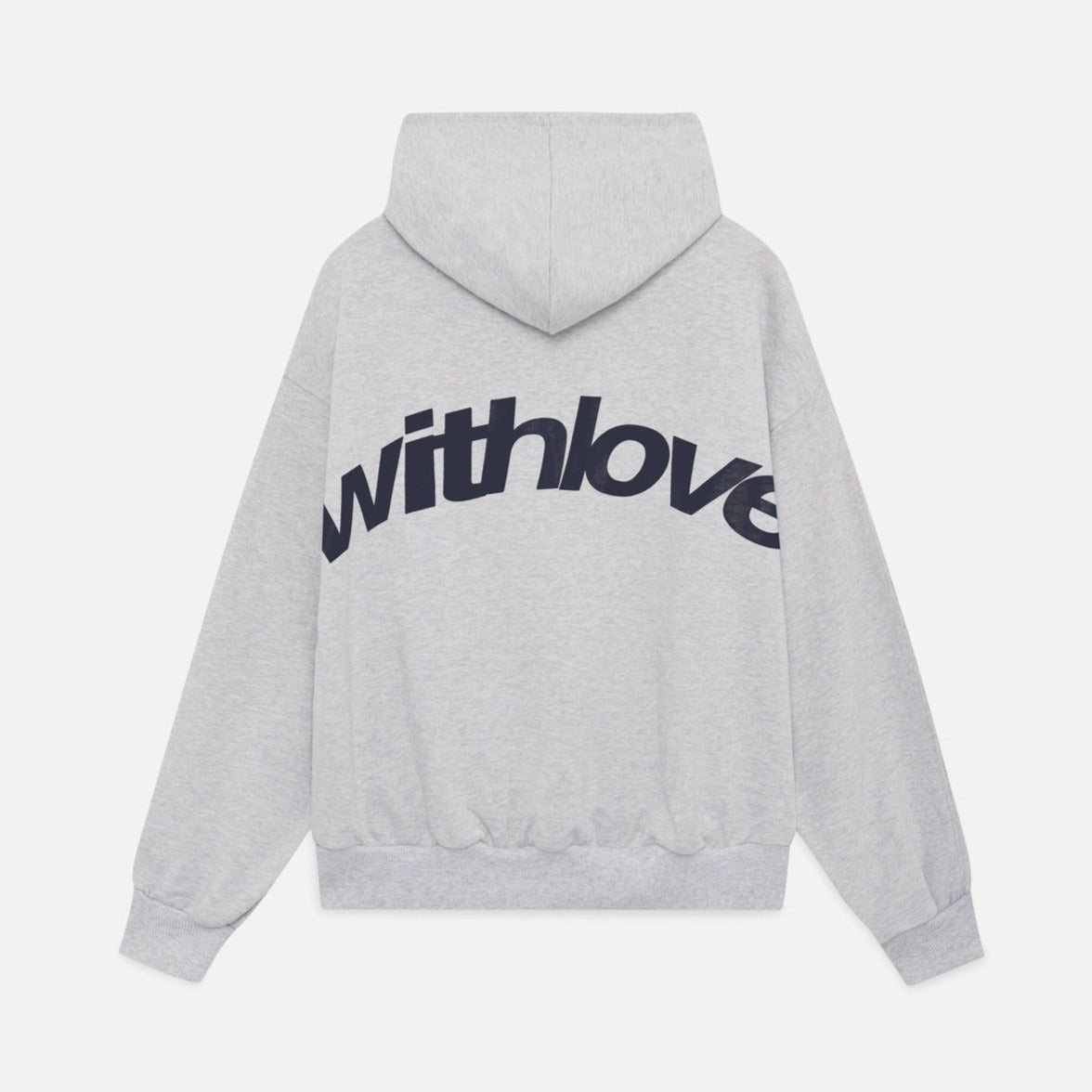 Grå hættetrøje med teksten "withlove" i sort på ryggen. Komfortabelt design, perfekt til afslappet stil. Unisex hoodie, populær mode.