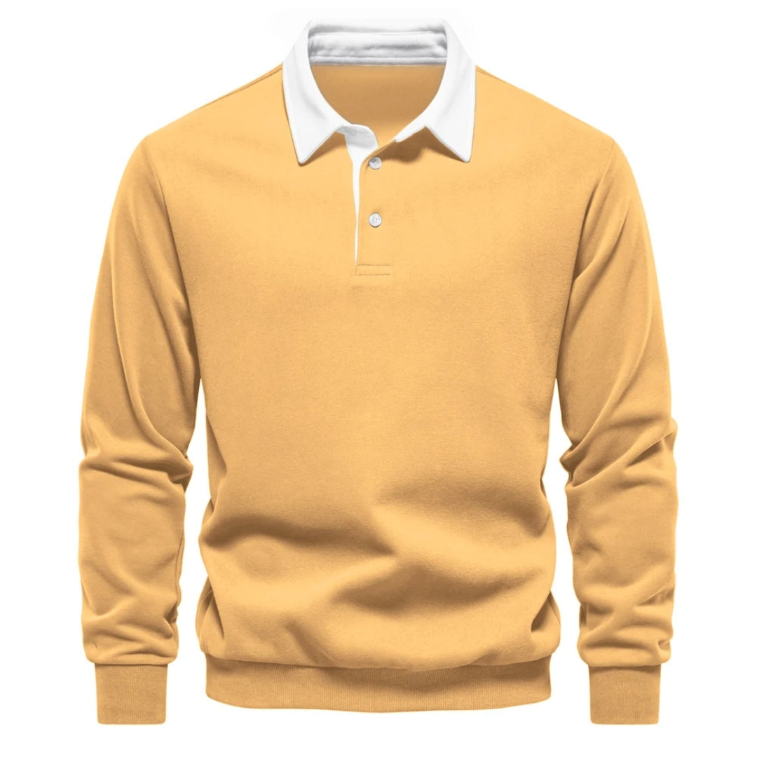 Gul poloshirt med lange ærmer og hvid krave, klassisk design, herremode, komfortabelt tøj, stilfuld og moderne beklædning.