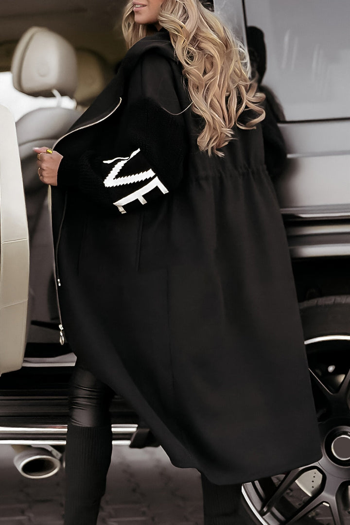 Chic Long Jacket με φερμουάρ, πλεκτά μανίκια και κουκούλα