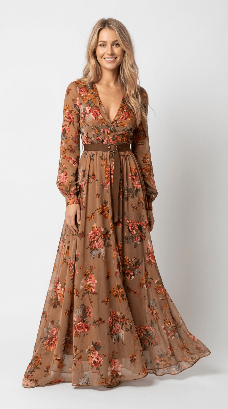 Robe longue élégante avec imprimé bohème et ceinture à nouer à la taille