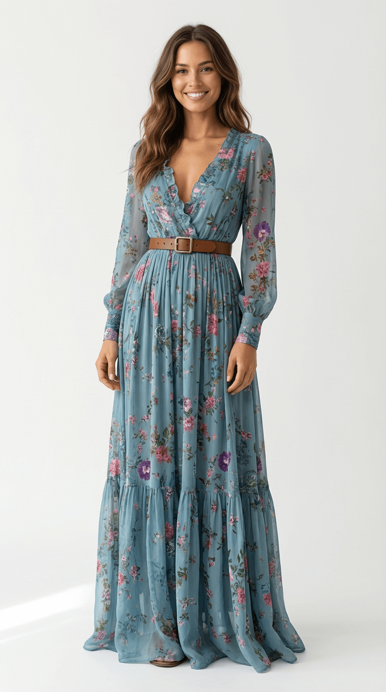 Robe longue élégante avec imprimé bohème et ceinture à nouer à la taille