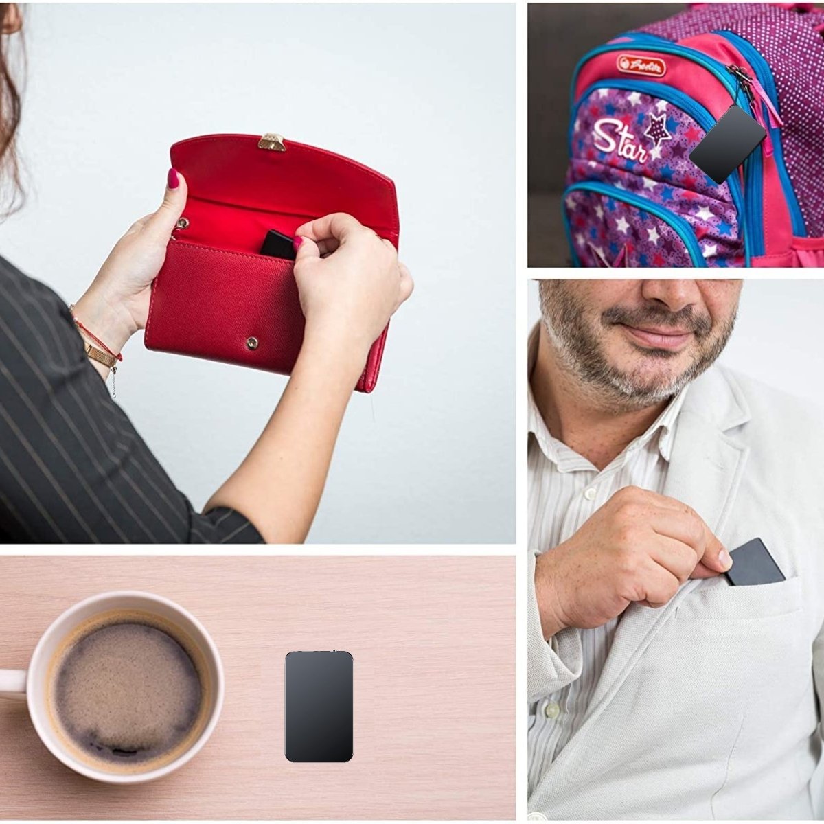 Rød pung med GPS-tracker, farverig rygsæk, mand med GPS-enhed i lommen, kaffekop på bord. GPS-tracker til personlig sikkerhed og sporing.