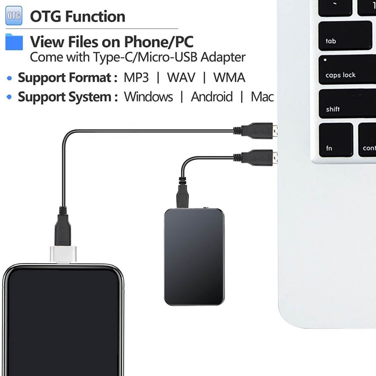 OTG-adapter tilsluttet smartphone og bærbar computer, understøtter MP3, WAV, WMA formater, kompatibel med Windows, Android, Mac.
