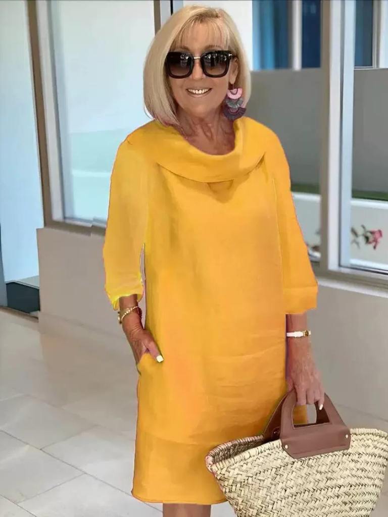 Heidi κομψό τουνίκ-φόρεμα από λινό με ρευστή εφαρμογή και draped γιακά