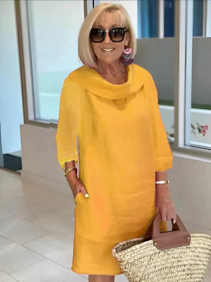 Heidi κομψό τουνίκ-φόρεμα από λινό με ρευστή εφαρμογή και draped γιακά