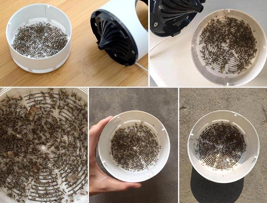 Elektrisk insektfælde med døde fluer, hvid plastik, effektiv skadedyrsbekæmpelse, indendørs brug, fluefanger, insektkontrol, miljøvenlig løsning.