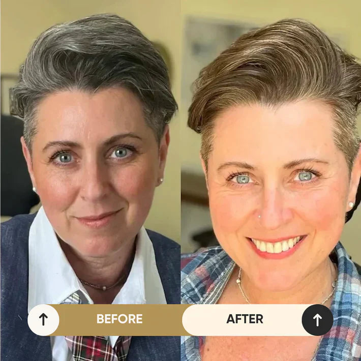 Kvinde før og efter hårklipning, kort stil. Før-billede viser gråt hår, efter-billede viser moderne, stylet look. Frisør, makeover, kort hår.