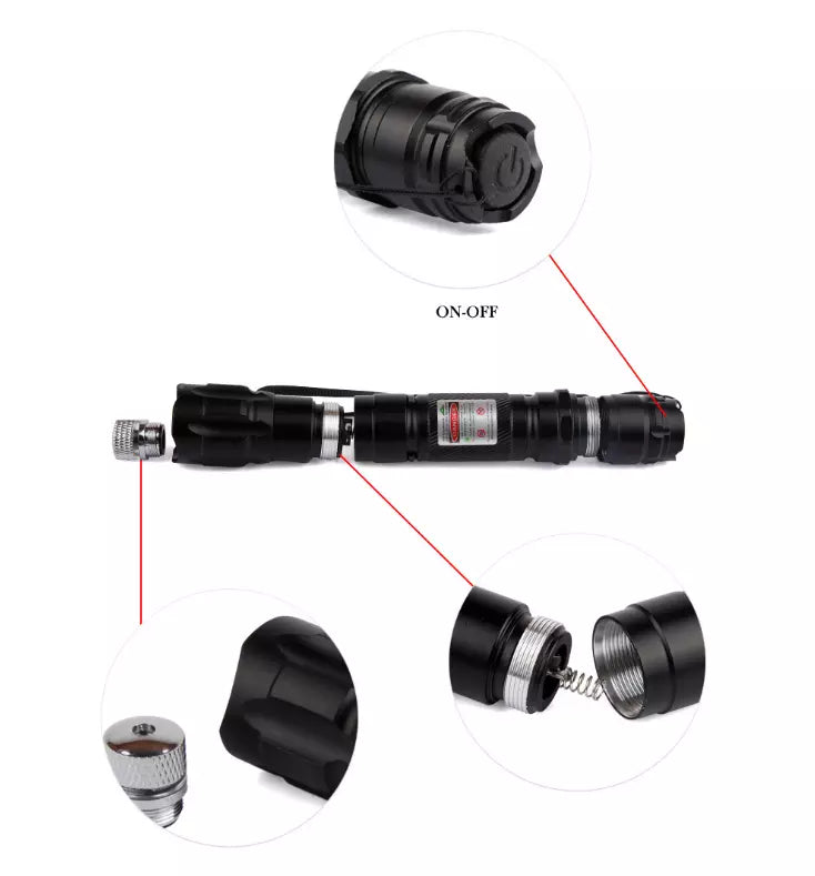Sort laserpointer med fokusjustering, tænd/sluk-knap og aftagelig batterikap. Ideel til præsentationer og stjernekiggeri. Robust design.