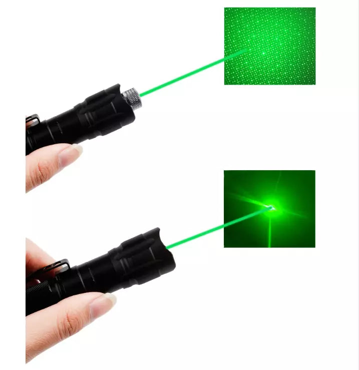 Sort laserpointer med grøn laserstråle, der projicerer et mønster. Perfekt til præsentationer, stjernekiggeri og undervisning. Høj kvalitet, bærbar.