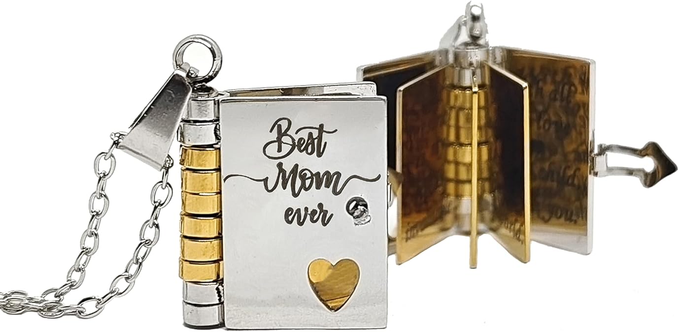 Sølvhalskæde med bogvedhæng, indgraveret "Best Mom Ever", guldhjerte og krystal. Perfekt gave til mødre, elegant smykke til kvinder.