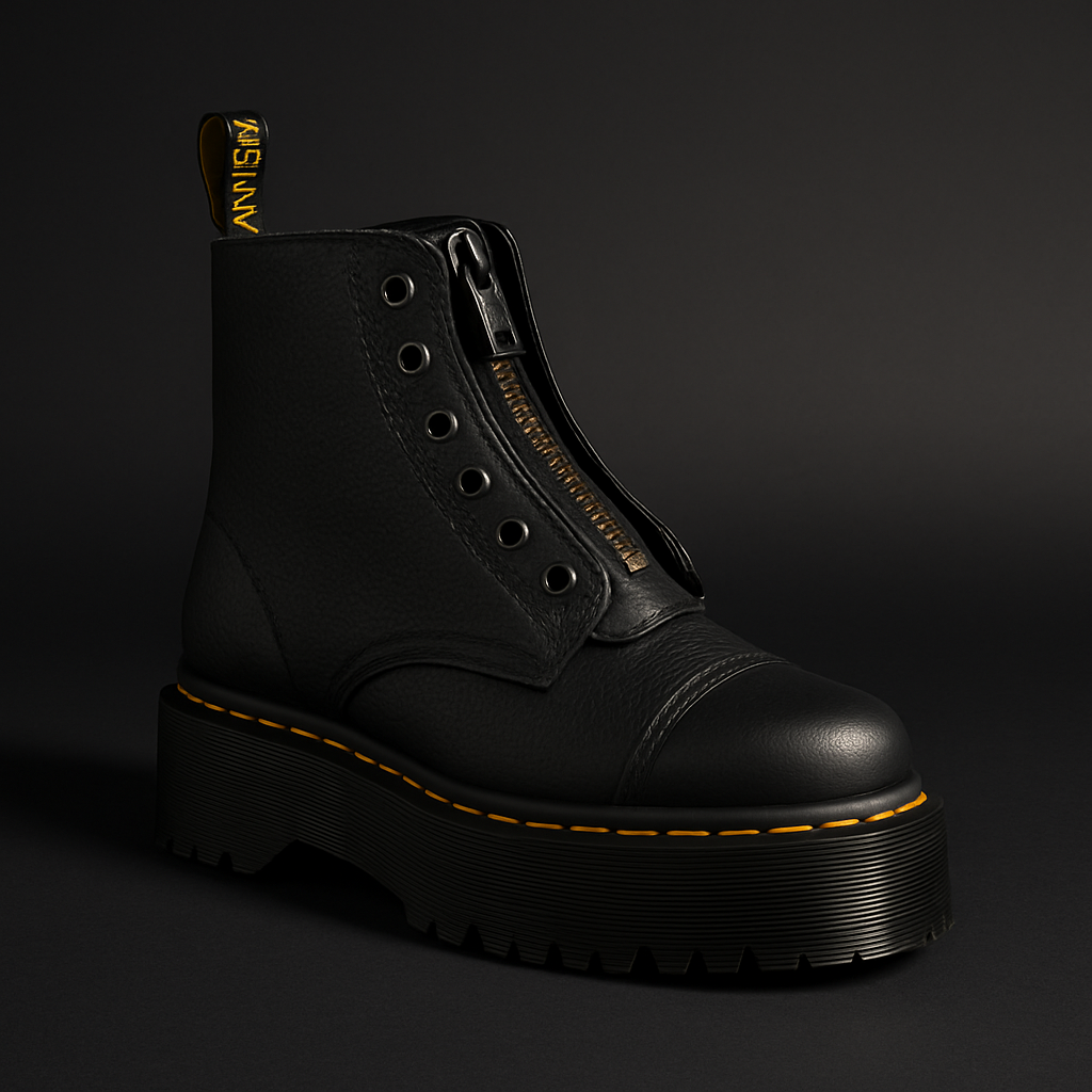 Sort læderstøvle med tyk sål og gul syning, lynlåsdetalje, robust design. Perfekt til modebevidste, der søger stilfulde og holdbare støvler.