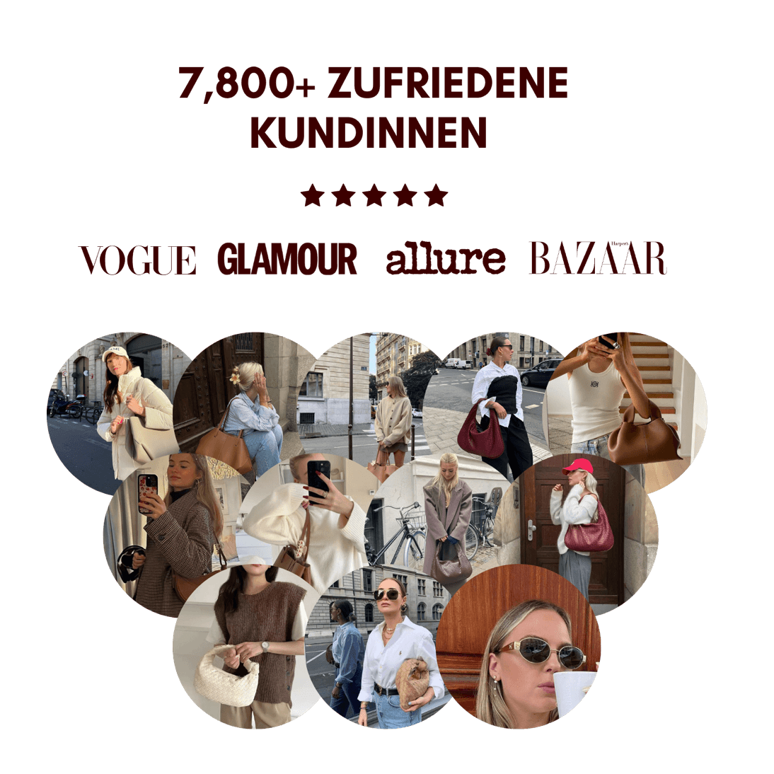 Collage af modebilleder med kvinder i stilfuldt tøj og tilbehør, fremhævet i magasiner som Vogue, Glamour, Allure og Bazaar.