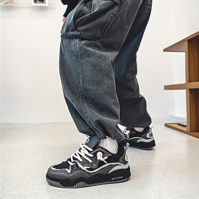 Person iført sorte sneakers med hvidt mønster og grå baggy jeans. Moderne streetwear-stil, trendy fodtøj, afslappet mode.