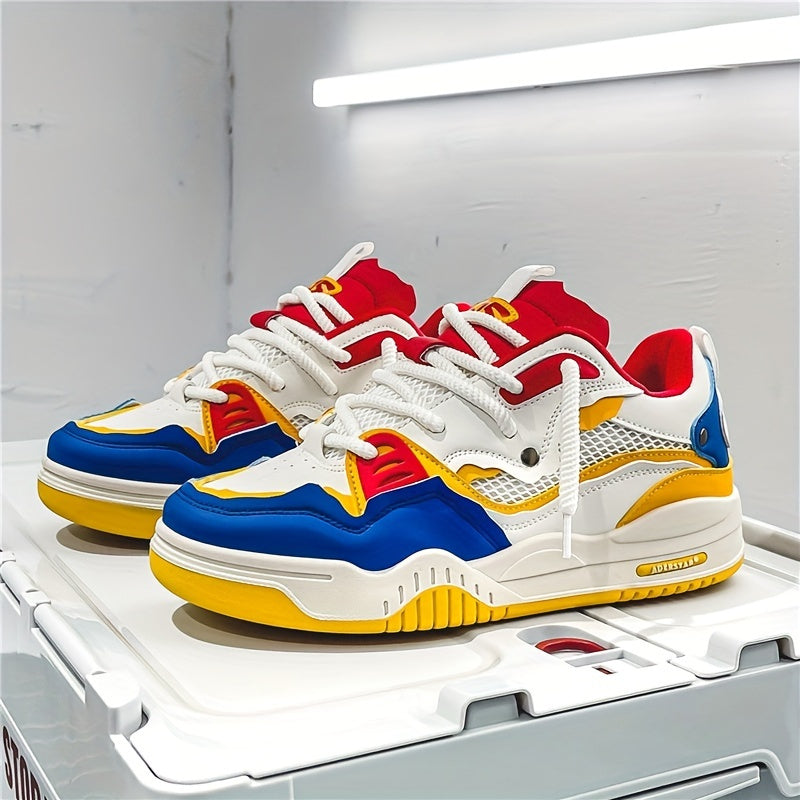 Farverige sneakers med hvid, blå, gul og rød farveblokdesign, placeret på en hvid overflade. Moderne sportssko, trendy mode, unisex stil.