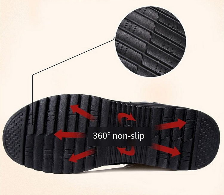 Skridsikker sål med 360° greb, sort gummi, detaljeret mønster, ideel til sikkerhedssko, optimal trækkraft, holdbarhed, skridsikre sko.