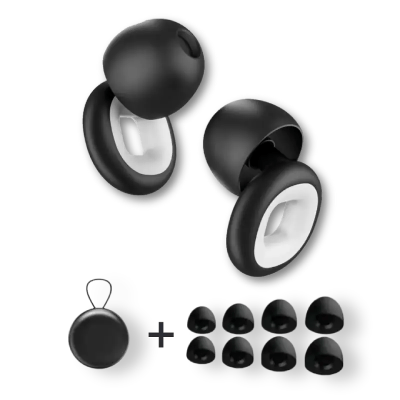 Sort trådløse ørepropper med opladningsetui og ekstra ørepropper. Ergonomisk design, Bluetooth-kompatible, ideelle til musik og opkald.