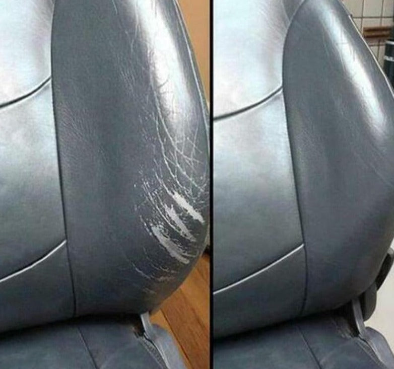 Slidt lædersæde før og efter reparation, viser effektiv læderpleje og restaurering. Perfekt til bilinteriør vedligeholdelse og fornyelse.