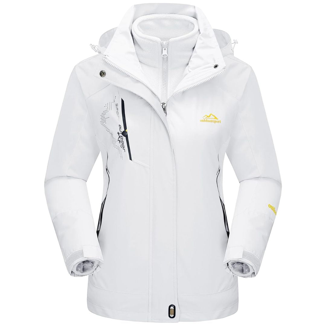 Hvid dame skijakke med hætte, lynlås og lommer, vandtæt og vindtæt design, ideel til vinteraktiviteter. Skijakke til kvinder, udendørs sport.