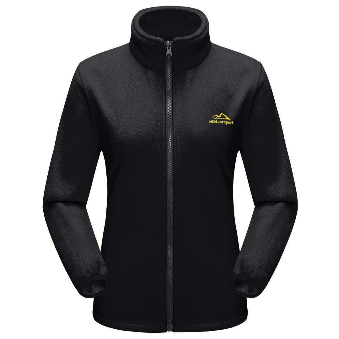 Sort fleecejakke til kvinder med lynlås og høj krave, Oddisport logo på brystet. Perfekt til udendørsaktiviteter og vinterbrug.