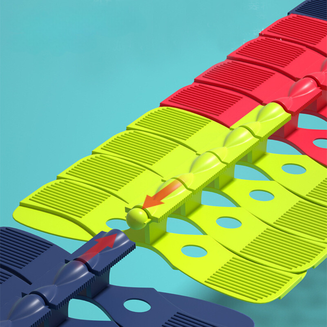 Farverige plastkamme i blå, rød og gul på en turkis baggrund. Moderne design, hårpleje, frisørværktøj, stilfulde kamme.