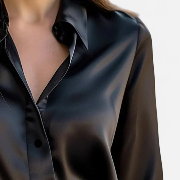 Dame Satin Bluse | Sort Langærmet Skjorte Elegant & Tidløs