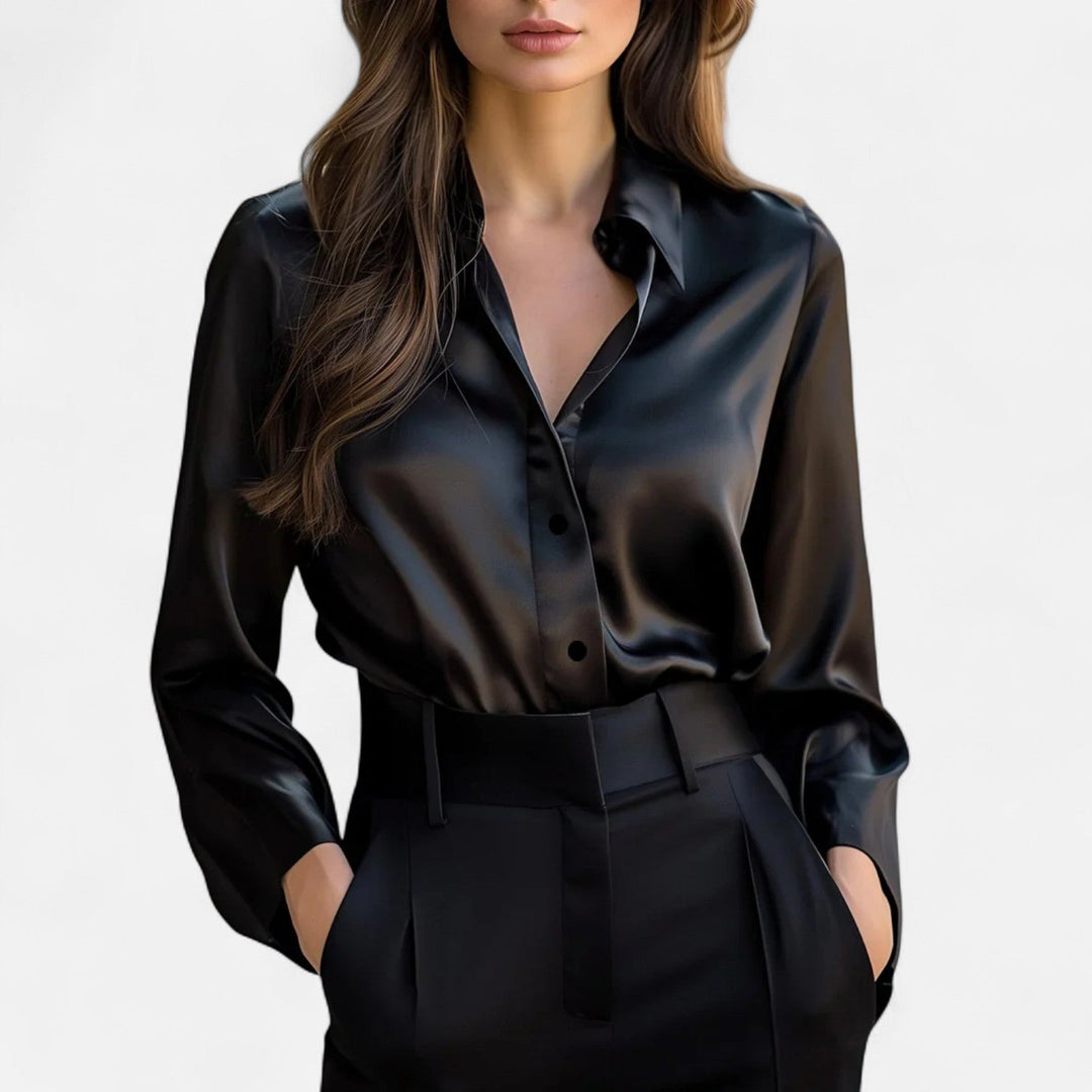 Dame Satin Bluse | Sort Langærmet Skjorte Elegant & Tidløs